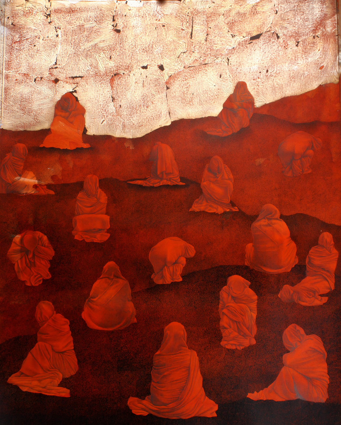 Mohsin Taasha, série « Tavalod-e dobareh-ye sorkh » [La renaissance du rouge], Kaboul, 2017. Gouache et feuilles d’argent sur papier wasli, 70 x 56 cm. Collection de l’artiste © Mohsin Taasha