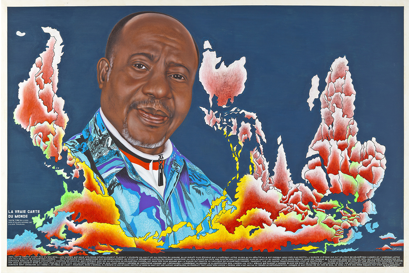 La Vraie Carte du monde. Chéri Samba (né en 1956). 2011. Acrylique et paillettes sur toile. Collection fondation Cartier pour l’art contemporain, Paris © Galerie MAGNIN-A, photo : Florian Kleinefenn