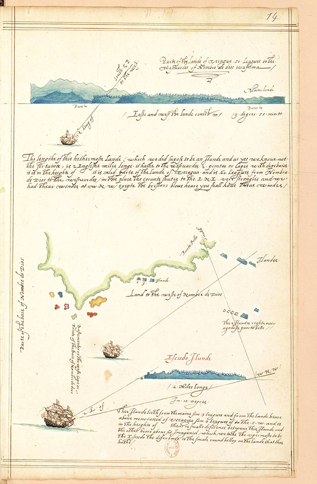 Journal illustré du voyage de Francis Drake aux Indes occidentales, folio 14, 1595-1596. Manuscrit aquarellé sur papier, 32,5 × 20,5 cm. Bibliothèque nationale de France, Paris © BnF