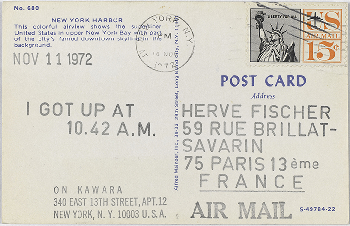 On Kawara, I Got Up, 1972. 52 cartes postales de la série I Got Up (1968-1979),© One Million Years Foundation ; photo © Centre Pompidou, MNAM-CCI, Dist. RMN-Grand Palais / Audrey Laurans