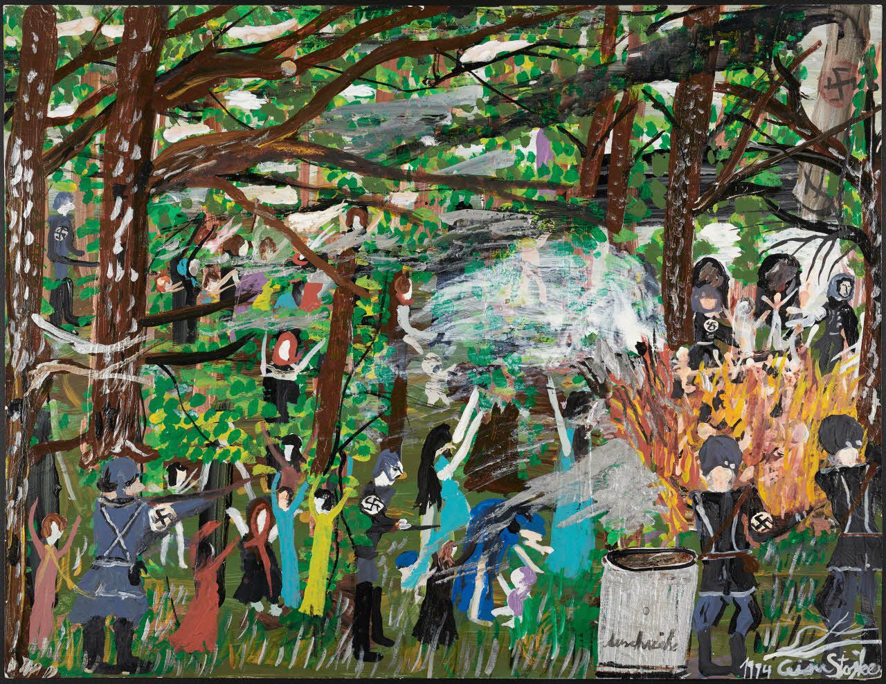 Ceija Stojka, Persécutions dans la forêt d’Auschwitz, 1994, peinture sur carton, 2018.77.1, Mucem © Adagp, Paris 2023 ; photo : Marianne Kuhn / Mucem