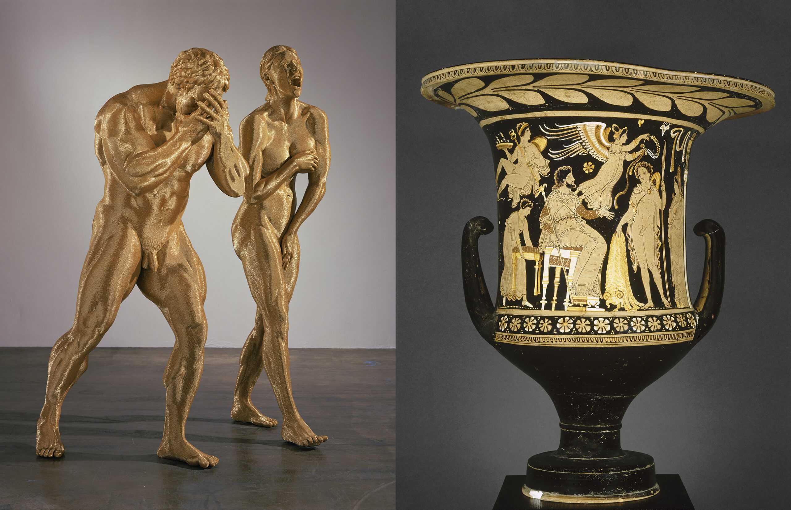 1. Liza lou the damned, 2004 © Liza Lou photo Charles Duprat 2. Jason et la toison d'or, cratère en calice à figures rouges © RMN Grand Palais (Musée du Louvre) Hervé Lewandowski