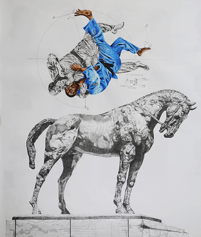 Márcio Carvalho, Falling Thrones 2019, Statue : King João I ; Athlète : Josina Muthemba Machel, 2019. Encre micro pigmentaire et acrylique sur papier. 160 × 150 cm © Márcio Carvalho