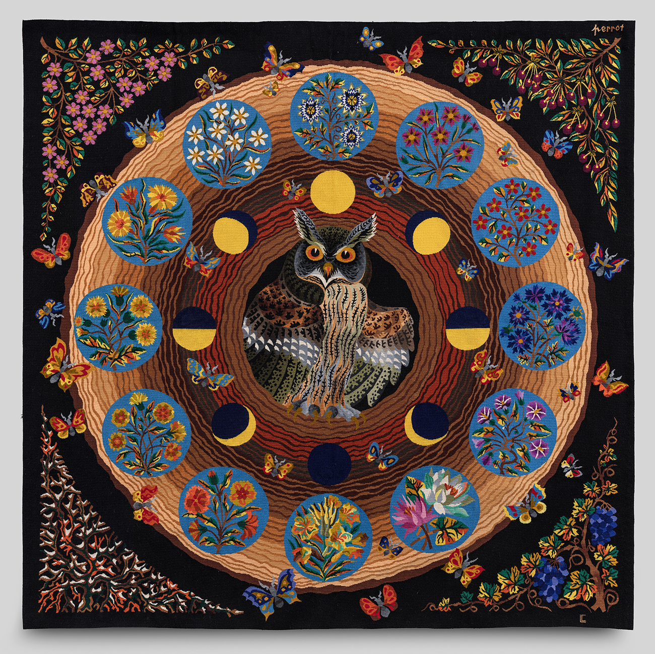 René Perrot. La Nature mesurant le temps. Tissage Atelier Camille Legoueix, Aubusson, années 1970 ? Coton (chaîne), laine (trame). Collection particulière © Adagp, Paris, 2023 ; photo : Nicolas Roger