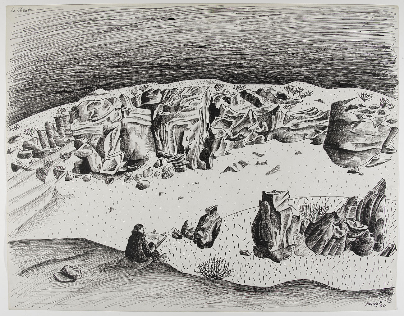 René Perrot, La Chant (Auvergne), 1944. Dessin. Mucem © ADAGP, Paris 2022 ; photo : © RMN-Grand Palais (Mucem) / Franck Raux