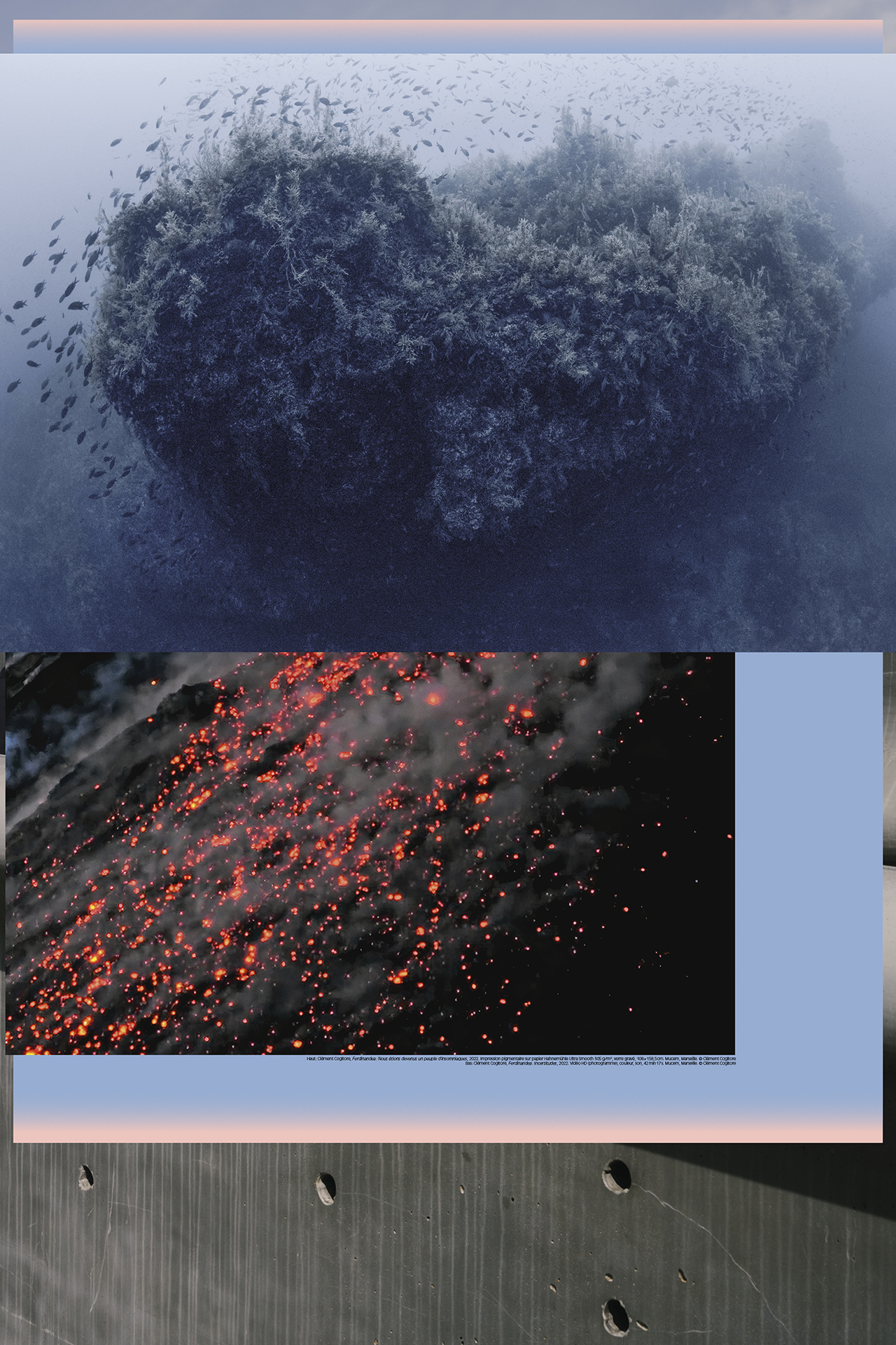 Haut: Clément Cogitore, Ferdinandea : Nous étions devenus un peuple d'insomniaques, 2022. Impression pigmentaire sur papier Hahnemühle Ultra Smooth 305 g/m², verre gravé, 108 × 158,5 cm. Mucem, Marseille. © Clément Cogitore Bas: Clément Cogitore, Ferdinandea : Incertitudes, 2022. Vidéo HD (photogramme), couleur, son, 42 min 17 s. Mucem, Marseille. © Clément Cogitore