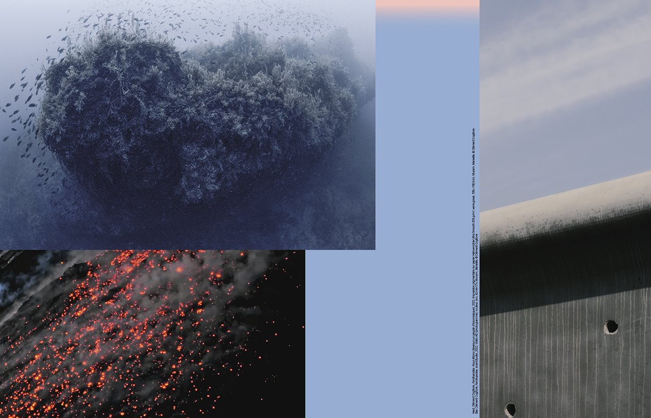 Haut: Clément Cogitore, Ferdinandea : Nous étions devenus un peuple d'insomniaques, 2022. Impression pigmentaire sur papier Hahnemühle Ultra Smooth 305 g/m², verre gravé, 108 × 158,5 cm. Mucem, Marseille. © Clément Cogitore
Bas: Clément Cogitore, Ferdinandea : Incertitudes, 2022. Vidéo HD (photogramme), couleur, son, 42 min 17 s. Mucem, Marseille. © Clément Cogitore