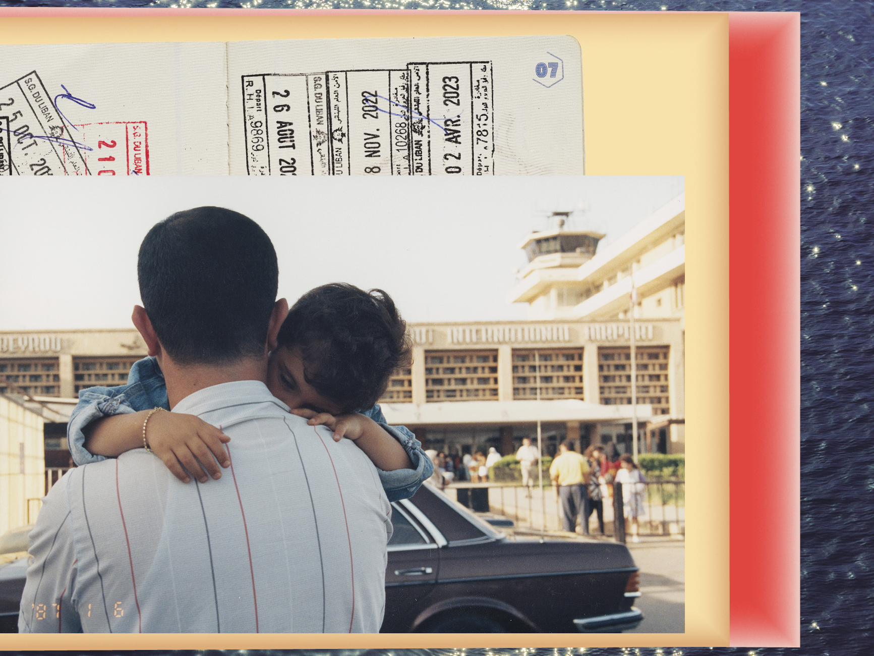 Affiche de l'exposition "Revenir" © passeport - photo David Giancatarina © Sfeir-Semler Gallery Hamburg/Beirut © Adagp, Paris, 2024 et archives famille Ghoussoub Feghali © Collections du Muse national de l'histoire de l'immigration - Établissement public du Palais de la Porte Dorée