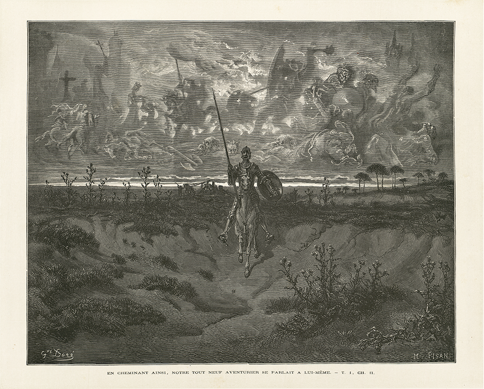 Gustave Doré, « En cheminant ainsi, notre tout neuf aventurier se parlait à lui-même », illustration hors texte publiée dans L’ingénieux hidalgo Don Quichotte de la Manche de Cervantes, tome I,  traduction de Louis Viardot, Hachette, 1863                                                                                                                                                                                                    © Bibliothèque nationale de France