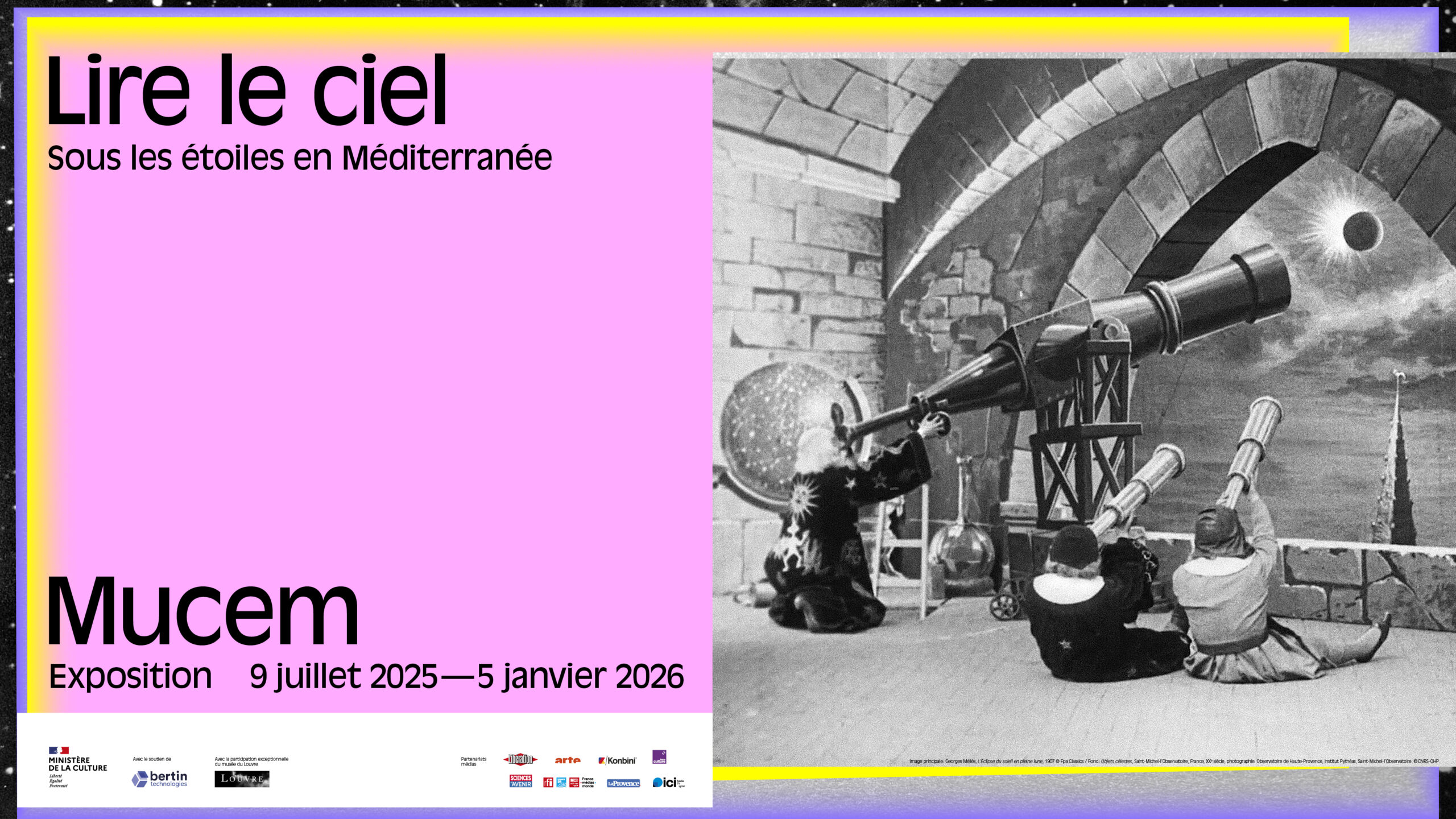 Affiche de l'exposition « Lire le ciel » © Georges Méliès, L’Éclipse du soleil en pleine lune, 1907 © Fpa Classics, Mucem