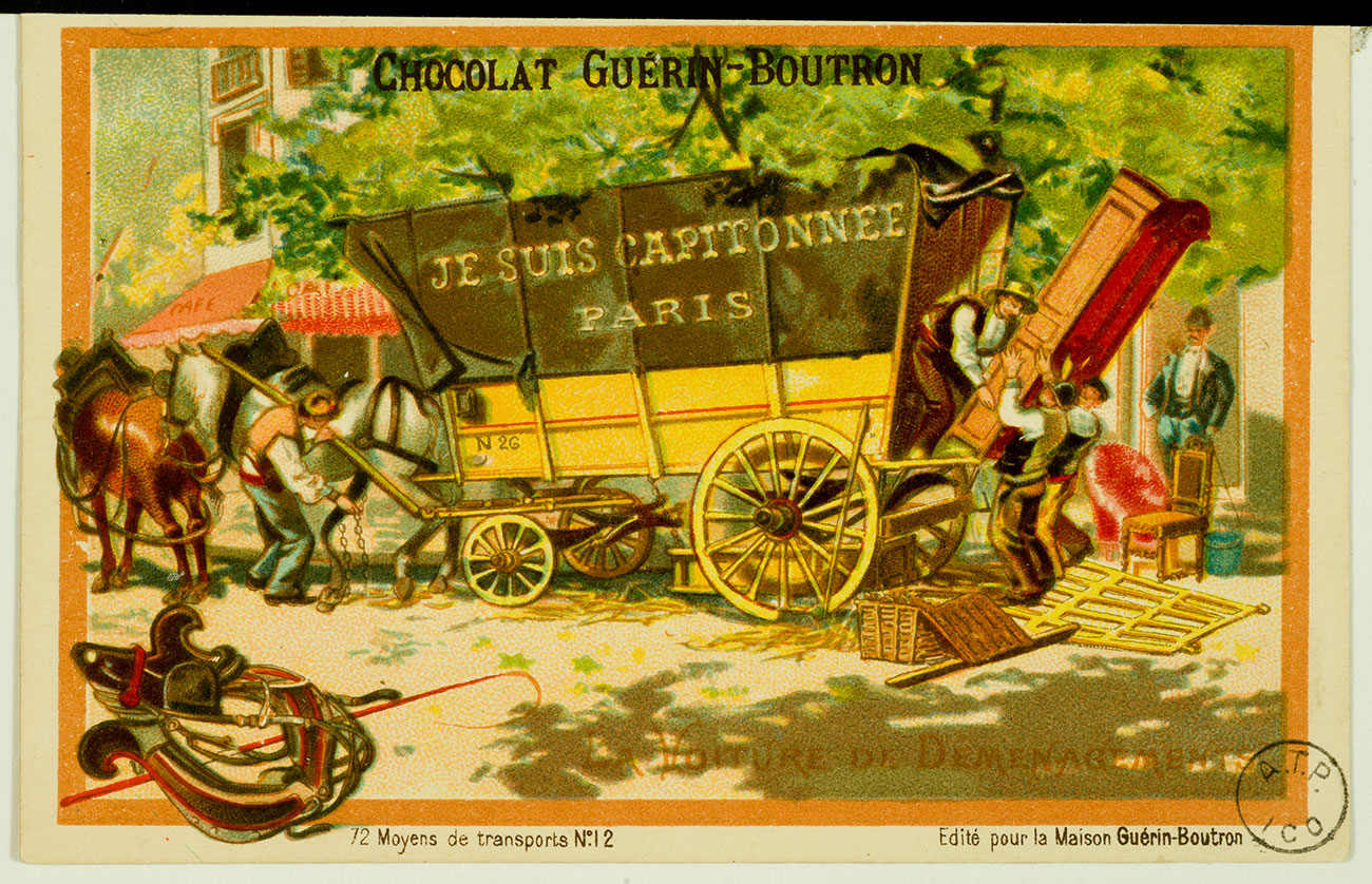 1977.68.55 carte-réclame Je suis capitonnée, édit. Chocolat Guérin-Boutron, coll. Mucem