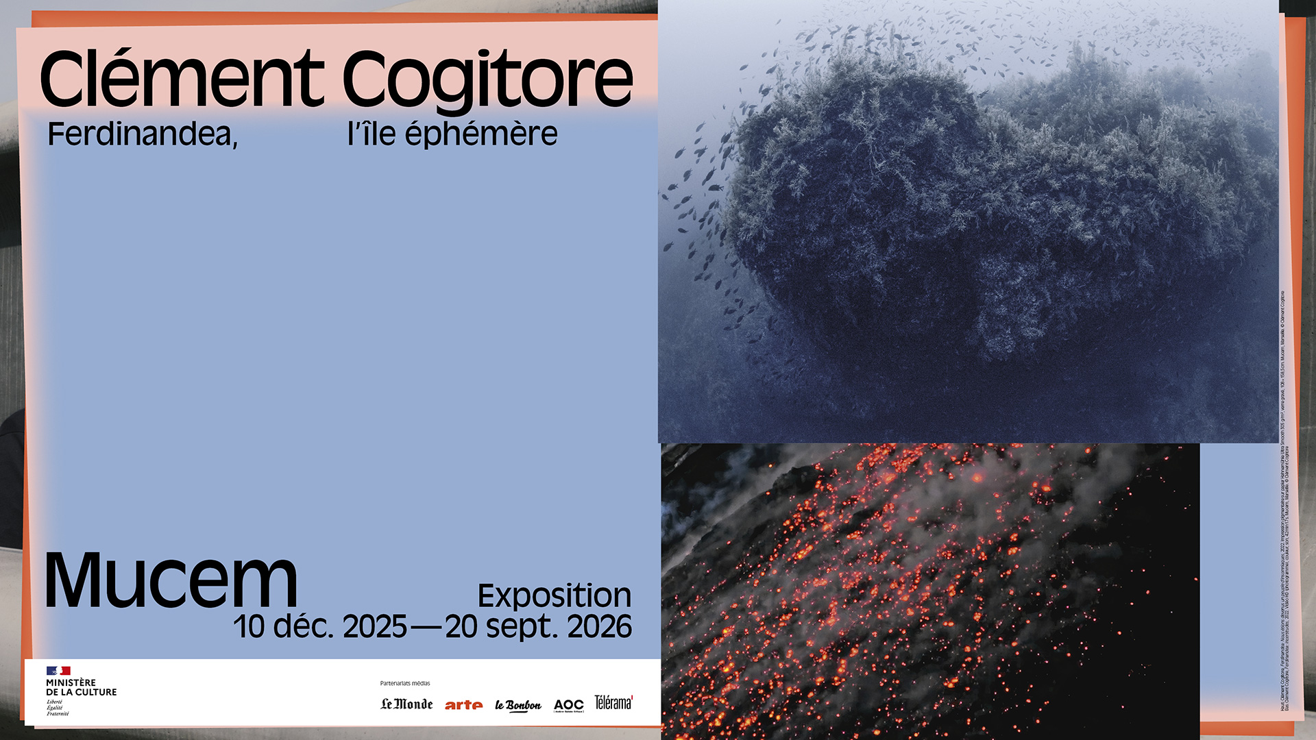 Haut: Clément Cogitore, Ferdinandea : Nous étions devenus un peuple d'insomniaques, 2022. Impression pigmentaire sur papier Hahnemühle Ultra Smooth 305 g/m², verre gravé, 108 × 158,5 cm. Mucem, Marseille. © Clément Cogitore
Bas: Clément Cogitore, Ferdinandea : Incertitudes, 2022. Vidéo HD (photogramme), couleur, son, 42 min 17 s. Mucem, Marseille. © Clément Cogitore