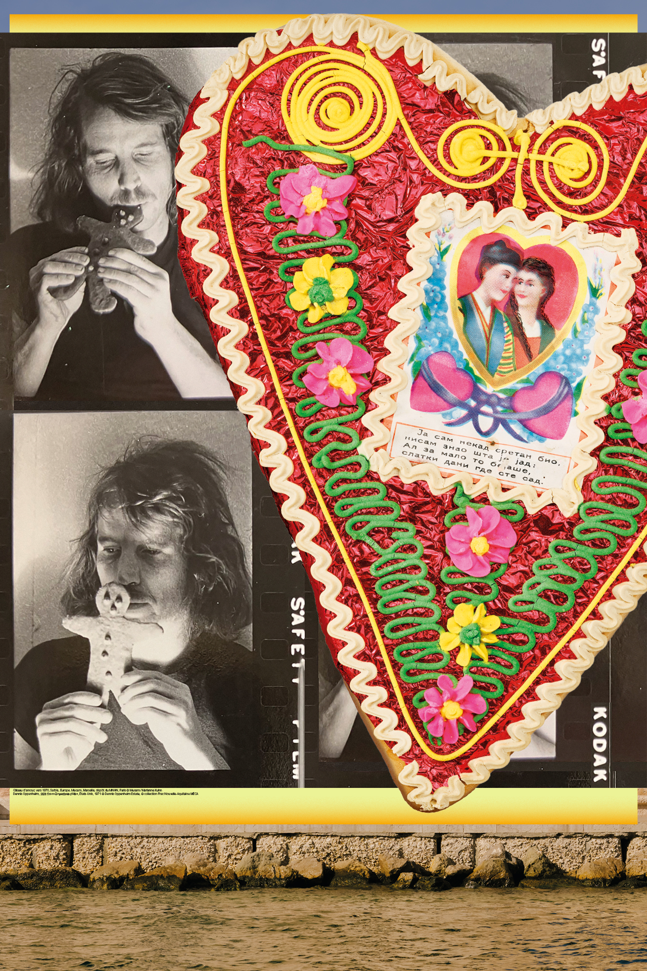 Gâteau d’amour, vers 1970, Serbie, Europe. Mucem, Marseille, dépôt du MNHN, Paris © Mucem / Marianne Kuhn Dennis Oppenheim, Stills from Gingerbread Man, États-Unis, 1971 © Dennis Oppenheim Estate, © collection Frac Nouvelle-Aquitaine MÉCA